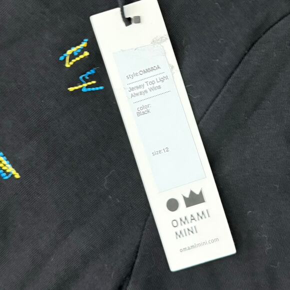 Omami Mini Light Always Wins Black Embroidered Kids T-Shirt size 12 NEW Tags - Picture 6 of 8